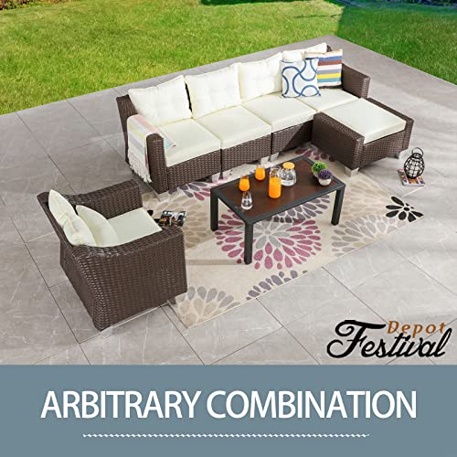 Festival Depot 7 Pcs Patio Conversation Set Outdoor Furniture Combination Sectional Sofa All-Weather PE Wicker Metal Armchairs with Seating Back Cushions Side Coffee Table (Beige)