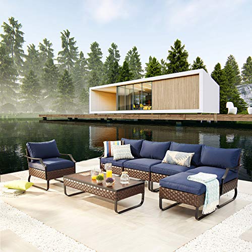 Festival Depot 7 Pieces Patio Outdoor Furniture Conversation Sets Sectional Sofa, All-Weather PE Rattan Wicker Back Armchair with Coffee Table, Ottoman and Thick Soft Removable Couch Cushions (Blue) 