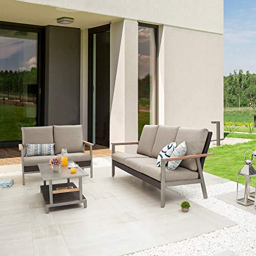 Festival Depot 3pcs Patio Conversation Set Wicker Armchair All Weather Rattan Loveseat 3-Seater Sofa with Grey Thick Cushions and Coffee Table in Metal Frame Outdoor Furniture for Deck Poolside 