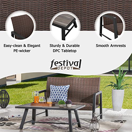 Festival Depot 2Pcs Patio Conversation Set, PE Wicker Bistro Set, All-Weather Outdoor Furniture, with 1 Loveseat and 1 DPC Coffee Table for Backyard Porch Lawn Deck Garden