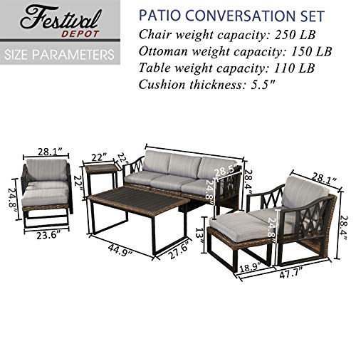 Festival Depot 9pcs Outdoor Furniture Patio Conversation Set Sectional Sofa Chairs All Weather Brown Wicker Ottoman Slatted Coffee Table End Table with Thick Grey Seat Back Cushions, Black 