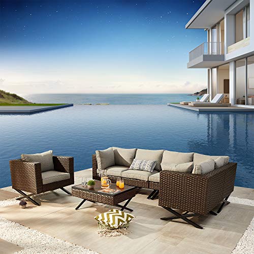 Festival Depot 7pcs Outdoor Furniture Patio Conversation Set Sectional Corner Sofa Chairs with X Shaped Metal Leg All Weather Brown Rattan Wicker Rectangle Coffee Table with Grey Seat Back Cushions