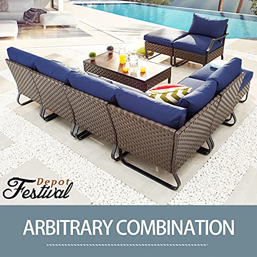 Festival Depot 7 Pieces Patio Furniture Set, All-Weather PE Rattan Wicker Metal Frame Sofa Outdoor Conversation Set Sectional Couch Corner Chair with Cushion Ottoman and Coffee Table for Deck (Blue)