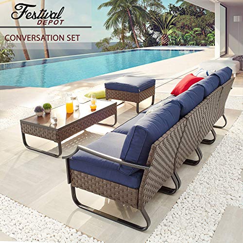 Festival Depot 6 Pieces Patio Outdoor Furniture Conversation Sets Sectional Sofa, All-Weather PE Rattan Brown Wicker Back Chair with Coffee Table, Ottoman and Thick Soft Removable Couch Cushions(Blue) 