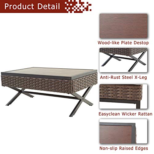 Festival Depot Metal Outdoor Side Coffee Table Patio Bistro Living Room Dining Table Wood Grain Top Wicker Rattan Furniture with X Shaped Steel Legs Brown Black