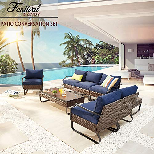 Festival Depot 8 Pcs Patio Conversation Sets Outdoor Furniture Sectional Sofa Loveseat with All-Weather PE Rattan Wicker Chair Coffee Table and Soft Removable Couch Cushions(Blue) 