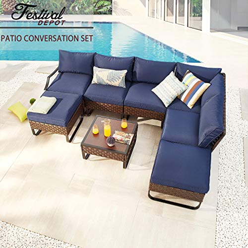 Festival Depot 8 Pcs Patio Conversation Sets Outdoor Furniture Sectional Corner Sofa with All-Weather PE Rattan Wicker Chair, Ottoman Coffee Table and Thick Soft Removable Couch Cushions (Blue) 