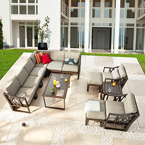 Festival Depot 12Pc Outdoor Furniture Patio Conversation Set Sectional Corner Sofa Chairs All Weather Wicker Ottoman Metal Frame Slatted Coffee Table with Thick Grey Seat Back Cushions Without Pillows 