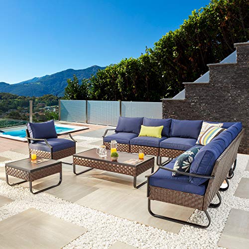 Festival Depot 10 Pcs Patio Conversation Sets Outdoor Furniture Sectional Corner Sofa with All-Weather PE Rattan Wicker Chair Coffee Table and Thick Soft Removable Couch Cushions (Blue) 