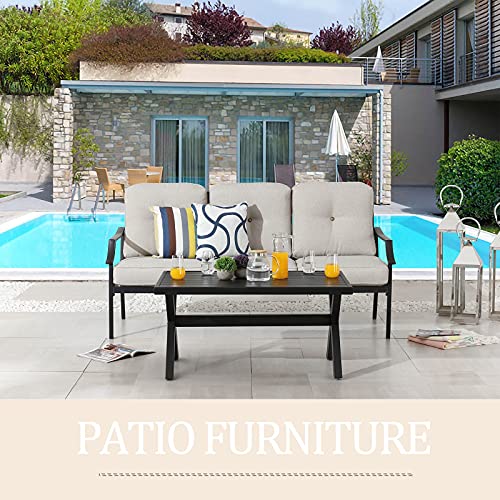 2-Piece Metal Furniture Outdoor Patio 3-Seater Sofa with Coffee Table 3-Seating Outside Couch with Cushions for Deck Porch Backyard 