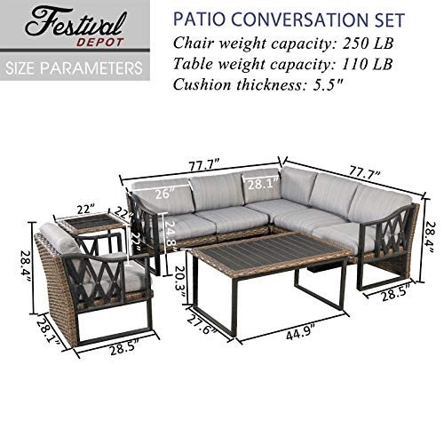 Festival Depot 8pcs Outdoor Furniture Patio Conversation Set Sectional Corner Sofa Chairs All Weather Brown Rattan Wicker Slatted Coffee Table End Table with Grey Thick Seat Back Cushions, Black 