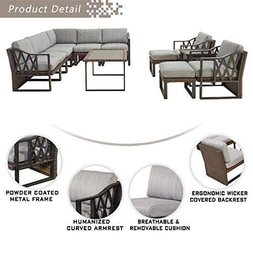 Festival Depot 12Pc Outdoor Furniture Patio Conversation Set Sectional Corner Sofa Chairs All Weather Wicker Ottoman Metal Frame Slatted Coffee Table with Thick Grey Seat Back Cushions Without Pillows 