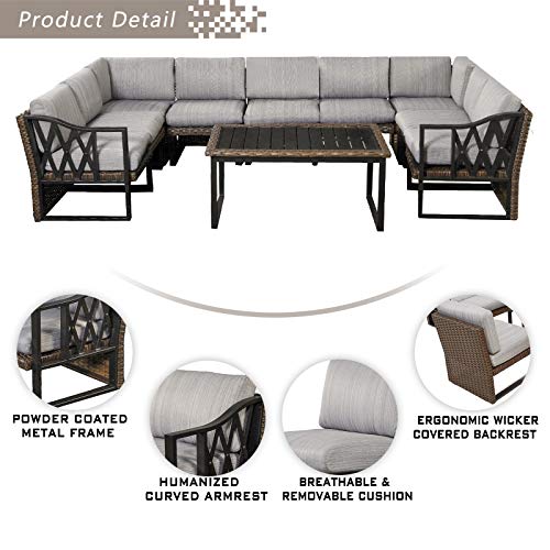 Festival Depot 10Pc Outdoor Furniture Patio Conversation Set Sectional Corner Sofa Chairs All Weather Wicker Metal Frame Slatted Coffee Table with Thick Grey Seat Back Cushions Without Pillows 