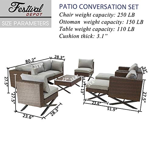 Festival Depot 10pcs Outdoor Furniture Patio Conversation Set Sectional Corner Sofa Chairs with X Shaped Metal Leg All Weather Brown Rattan Wicker Ottoman Coffee Table with Grey Seat Back Cushions