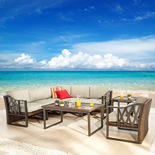 Festival Depot 8pcs Outdoor Furniture Patio Conversation Set Sectional Corner Sofa Chairs All Weather Brown Rattan Wicker Slatted Coffee Table End Table with Grey Thick Seat Back Cushions, Black 