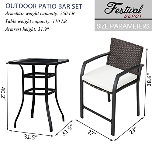 Festival Depot 5 Pcs Patio Bar Set of 4 Wicker Stools with Cushions Rattan High Stools with Armrests and Tempered Glass Top Counter Table in Metal Frame Outdoor Furniture for Bistro Garden