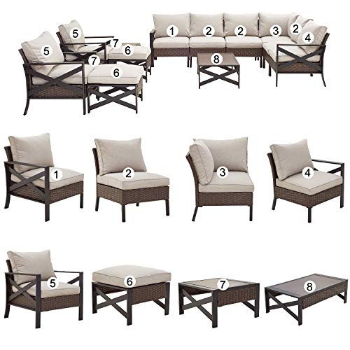 Festival Depot 13 Pcs Patio Outdoor Furniture Conversation Set Sectional Corner Sofa with All-Weather Brown PE Rattan Wicker Back Chair, Ottoman, Coffee Table and Thick Removable Couch Cushions 