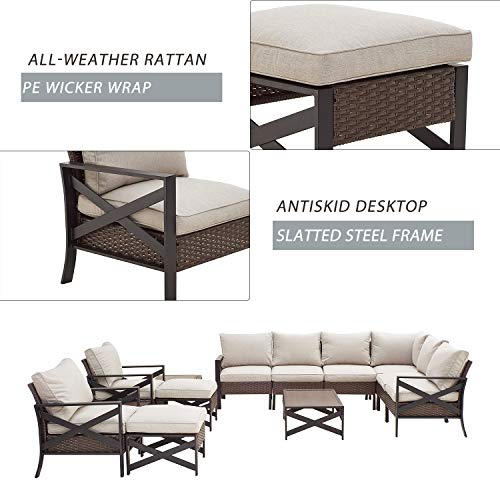 Festival Depot 13 Pcs Patio Outdoor Furniture Conversation Set Sectional Corner Sofa with All-Weather Brown PE Rattan Wicker Back Chair, Ottoman, Coffee Table and Thick Removable Couch Cushions 