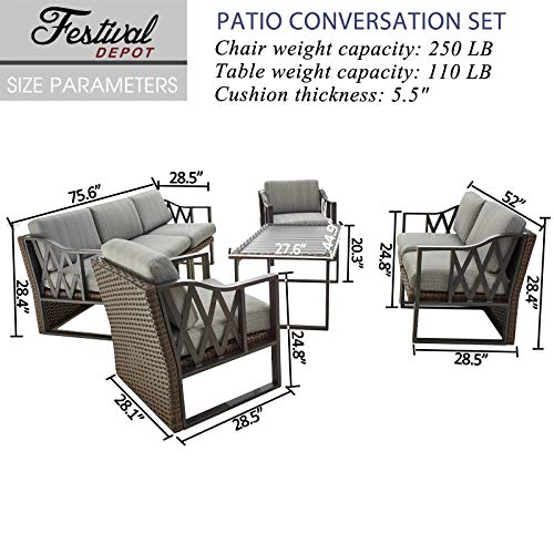 Festival Depot 8pcs Outdoor Furniture Patio Conversation Set Sectional Sofa Chairs All Weather Brown Wicker Ottoman Slatted Coffee Table with Thick Grey Seat Back Cushions, Black 