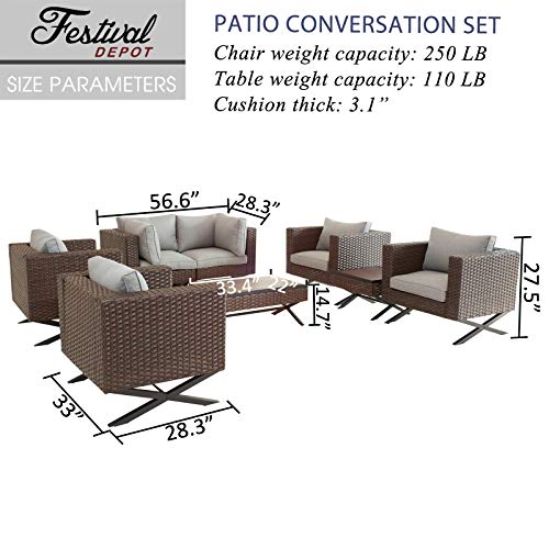 Festival Depot 9 Pcs Outdoor Furniture Patio Conversation Set Sectional Sofa Armchairs with X Shaped Metal Leg All Weather Brown Rattan Wicker Rectangle Square Coffee Table with Grey Seat Back Cushions 