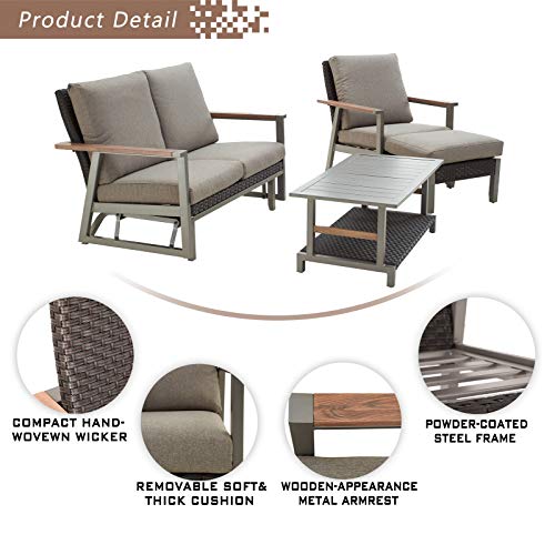 Festival Depot 4pcs Patio Conversation Set Wicker Armchair All Weather Rattan Glider Loveseat Ottoman with Grey Thick Cushions Coffee Table in Metal Frame Outdoor Furniture for Deck Poolside