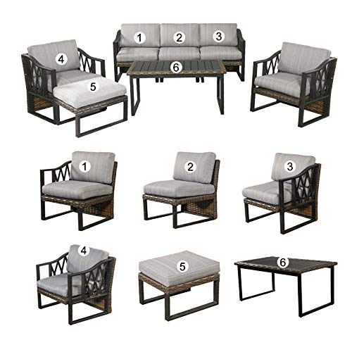 Festival Depot 7pcs Outdoor Furniture Patio Conversation Set Sectional Sofa Chairs All Weather Brown Wicker Ottoman Slatted Coffee Table with Thick Grey Seat Back Cushions, Black 