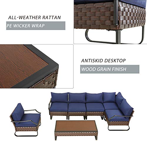 Festival Depot 7 Pieces Patio Conversation Sets Outdoor Furniture Sectional Corner Sofa with All-Weather PE Rattan Wicker Back Armchair, Coffee Table and Thick Soft Removable Couch Cushions (Blue)