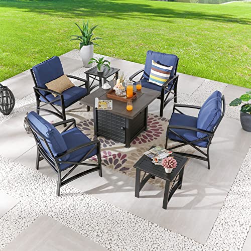 Festival Depot 7 Pcs Patio Conversation Set Outdoor Furniture 50,000 BTU Propane Fire Pit Table Gas and Armrest Chair Coffee Table with Thick & Soft Cushions for Garden, Pool, Backyard