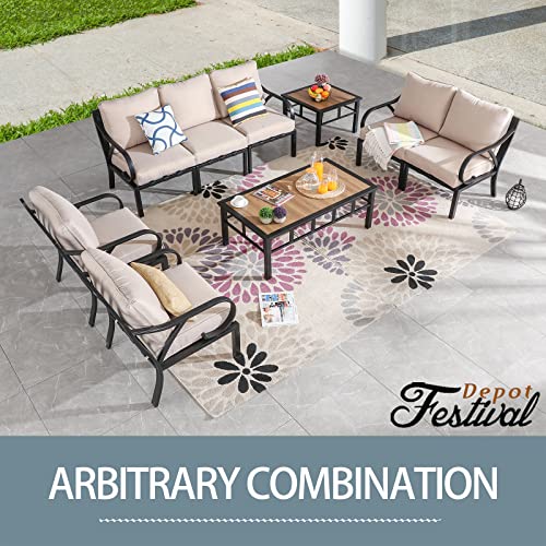 Festival Depot 9 Pieces Patio Conversation Set Sectional Sofa Armchair with Thick Cushions and Side Coffee Table All Weather Metal Outdoor Furniture for Deck Garden, Beige 