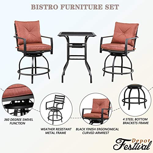 Outdoor Patio Bar Set with High Stool 360° Swivel Armrest Chairs with Soft&Comfort Cushions Square Tempered Glass Top Table