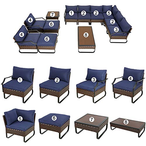 Festival Depot 12 Pcs Patio Conversation Sets Outdoor Furniture Sectional Corner Sofa with All-Weather PE Rattan Wicker Chair, Coffee Table and Thick Soft Removable Couch Cushions (Blue) 