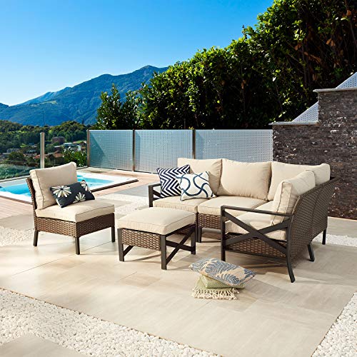 Festival Depot 6 Pieces Patio Conversation Set Outdoor Furniture Sectional Corner Sofa with All-Weather Brown PE Rattan Wicker Back Chair, Ottoman and Thick Soft Removable Couch Cushions 