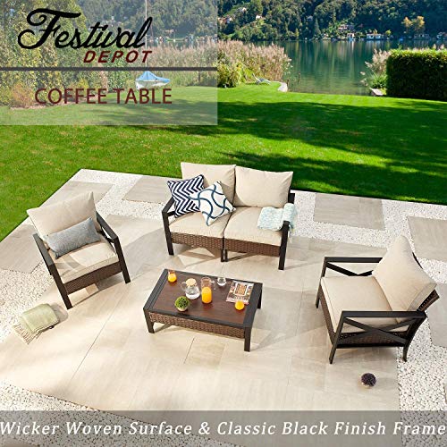 Festival Depot Patio Table Rattan Coffee Table with Aluminum Tabletop and X Shaped Leg All Weather Outdoor Wicker Furniture for Backyard Porch Garden