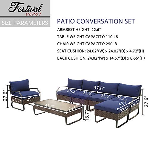 Festival Depot 7 Pieces Patio Outdoor Furniture Conversation Sets Sectional Sofa, All-Weather PE Rattan Wicker Back Armchair with Coffee Table, Ottoman and Thick Soft Removable Couch Cushions (Blue)