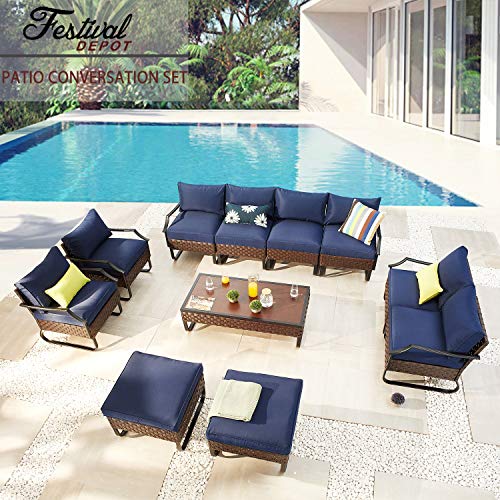 Festival Depot 11 Pcs Patio Outdoor Furniture Conversation Sets Sectional Sofa with All-Weather PE Rattan Wicker Chair, Loveseat Coffee Table and Soft Removable Couch Cushions (Blue) 