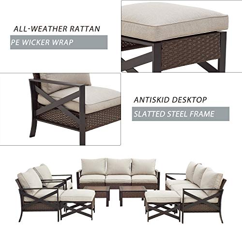 Festival Depot 12 Pcs Patio Outdoor Furniture Conversation Set Sectional Sofa with All-Weather Brown PE Rattan Wicker Back Chair, Ottoman, Coffee Table and Soft Thick Removable Couch Cushions 