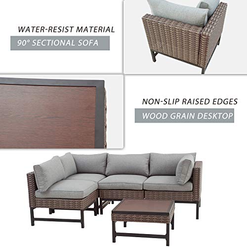 Festival Depot 5pc Patio Sectional Corner Sofa Set Outdoor All-Weather Wicker Metal Coffee Side Table with Seating Back Cushions Garden Poolside (Gray) 