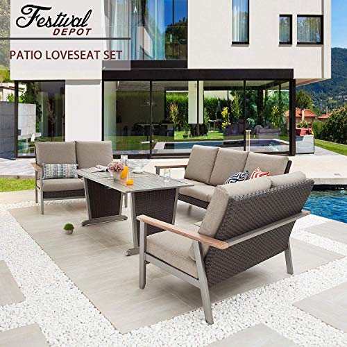 Festival Depot 4 Pieces Patio Conversation Set Metal Loveseats Wicker Back 3-Seater Sofa with Thick Cushions and Coffee Table Outdoor Furniture for Deck Garden (4pc Patio Loveseat Set 2) 