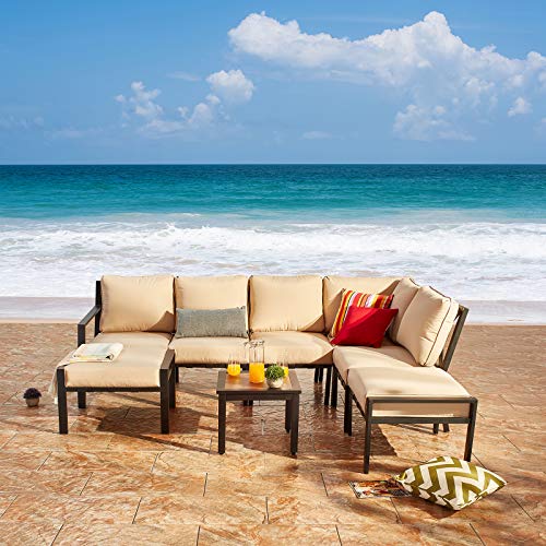 Festival Depot 8-Pieces Patio Outdoor Furniture Conversation Sets Sectional Corner Sofa, All-Weather Black X Slatted Back Chairs with Coffee Side Table and Soft Removable Couch Cushions (Beige) 