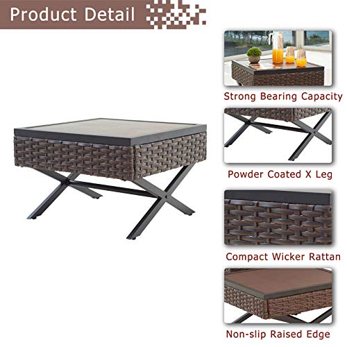 Festival Depot 6-Piece Bistro Outdoor Patio Furniture Conversation Set Wicker Rattan Corner ArmChairs Ottoman with 3.1" Cushion Square Wood Grain Top Side Coffee Table with X Shaped Slatted Steel Legs 