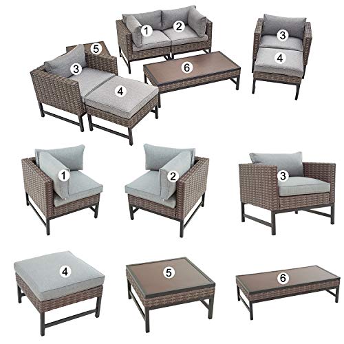 Festival Depot 8 Pieces Patio Conversation Set Outdoor Furniture Combination Sectional Sofa Loveseat All-Weather Woven Wicker Metal Chairs with Seating Back Cushions Side Coffee Table Ottoman, Gray 