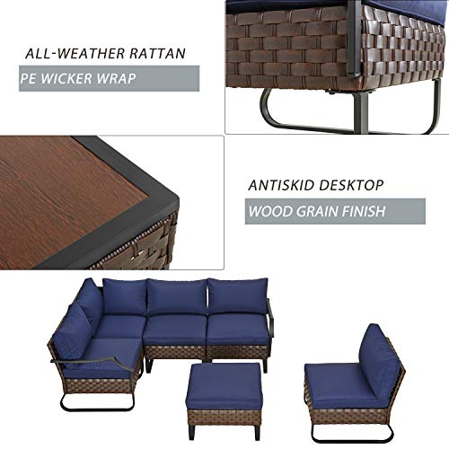 Festival Depot 6 Pieces Patio Outdoor Furniture Conversation Sets Sectional Corner Sofa, All-Weather PE Rattan Brown Wicker Back Chair with Ottoman and Thick Soft Removable Couch Cushions(Blue) 