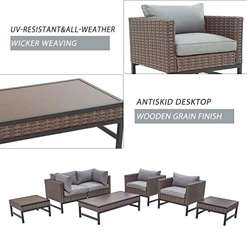 Festival Depot 7 Pieces Outdoor Furniture Patio Conversation Set Combination Sectional Sofa Loveseat All-Weather Woven Wicker Metal Armchairs with Seating Back Cushions Side Coffee Table,Gray