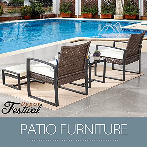 Luxurious 5 Piece Rattan Conversation Set with Cushioned Armchairs, Ottoman, & Glass Coffee Table