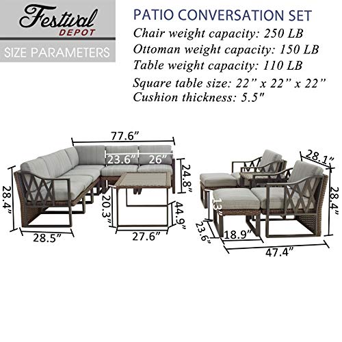 Festival Depot 12Pc Outdoor Furniture Patio Conversation Set Sectional Corner Sofa Chairs All Weather Wicker Ottoman Metal Frame Slatted Coffee Table with Thick Grey Seat Back Cushions Without Pillows 