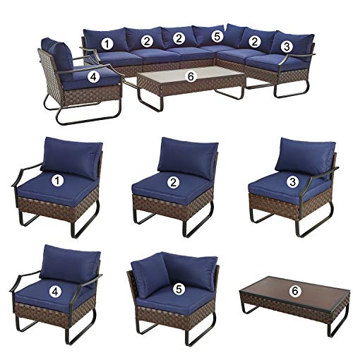 Festival Depot 8 Pcs Patio Conversation Sets Outdoor Furniture Sectional Corner Sofa Loveseat with All-Weather PE Rattan Wicker Chair,Coffee Table and Soft Removable Couch Cushions (Blue) 