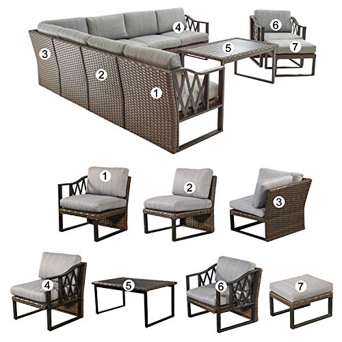 Festival Depot 10Pc Outdoor Furniture Patio Conversation Set Sectional Corner Sofa Chairs All Weather Wicker Ottoman Metal Frame Slatted Coffee Table with Thick Grey Seat Back Cushions Without Pillows