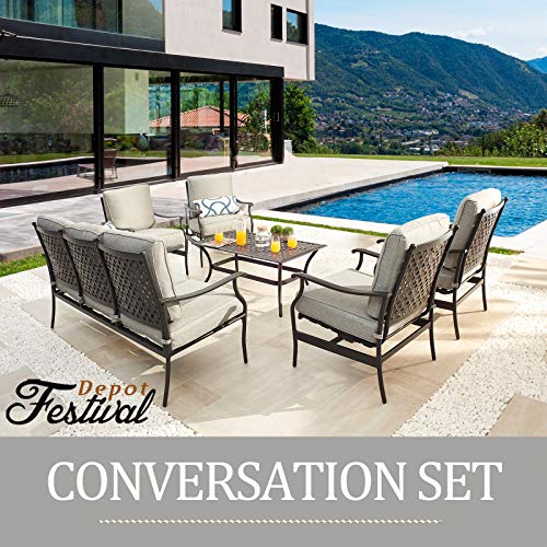 Festival Depot 6Pcs Outdoor Furniture Patio Conversation Set All Weather Black Metal Armchairs with Seat and Back Cushions, Rectangle Coffee Table for Deck Lawn Garden, Beige