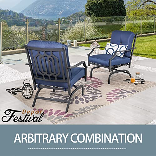 Festival Depot Patio Bistro Dining Chairs Set Outdoor Furniture Steel Frame Armchair with Armrest, Back & Seat Cushions (Set of 2, Blue)