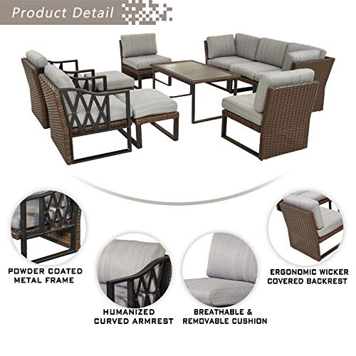 Festival Depot 10Pc Outdoor Furniture Patio Conversation Set Sectional Corner Sofa Chairs All Weather Wicker Ottoman Metal Frame Slatted Coffee Table with Thick Grey Seat Back Cushions Without Pillows 